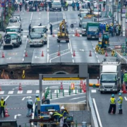 Un'enorme voragine si apre nel centro della città. Paura in Giappone