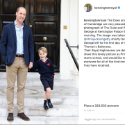 Baby George. Lo scatto ufficiale del suo primo giorno di scuola, ma come sarà segnato sul registro di classe? 