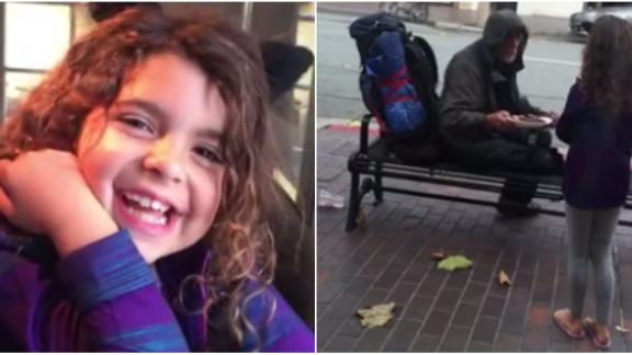 La bimba porta il suo pasto al senzatetto. Il video fa il giro del mondo