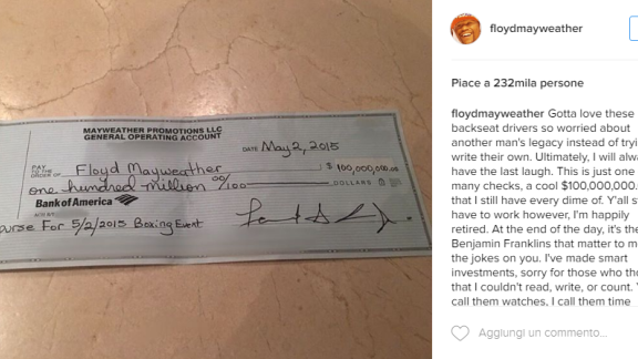 Un assegno da 100 milioni di dollari . L'ultimo eccesso social di Floyd Mayweather 