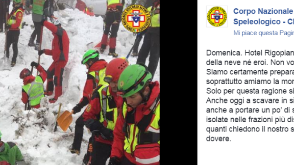 "Non vogliamo medaglie. Facciamo solo il nostro dovere".  Il post del soccorso alpino impegnato all'hotel Rigopiano