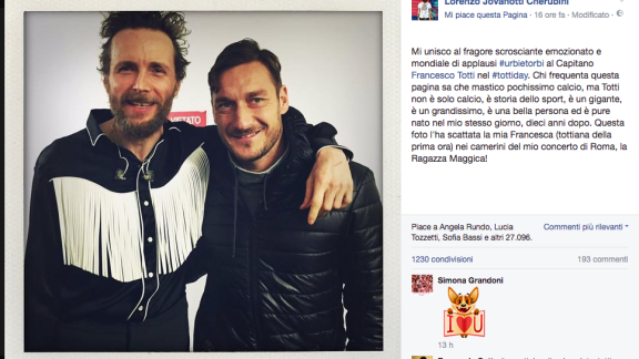 Anche Jovanotti saluta Totti : scopri il post!