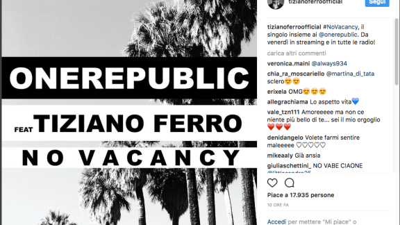 Tiziano Ferro pubblica No Vacancy con i One Republic