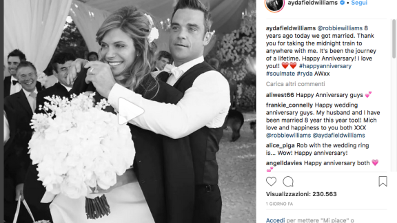 Robbie Williams sposava 8 anni fa Ayda Field. Che ha pubblicato sui social un post davvero romantico