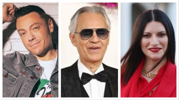 Tiziano Ferro, Ed Sheeran  e Laura Pausini cantano Con te partirò a pranzo con Andrea Bocelli: il video