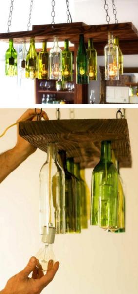 Bottiglie di vino adattate a lampadario